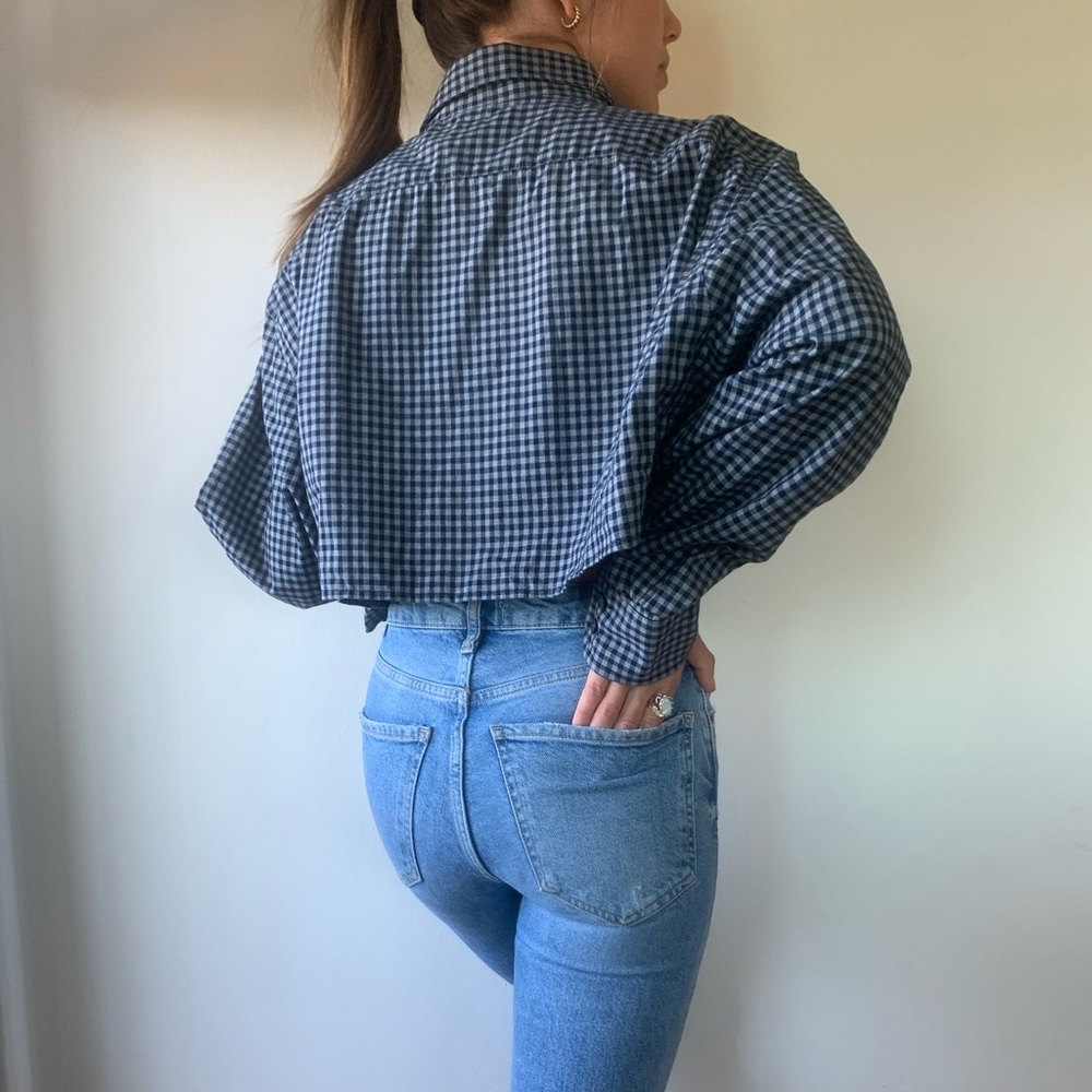 Upcycled Banana Repuclic plaid cropped shirt.